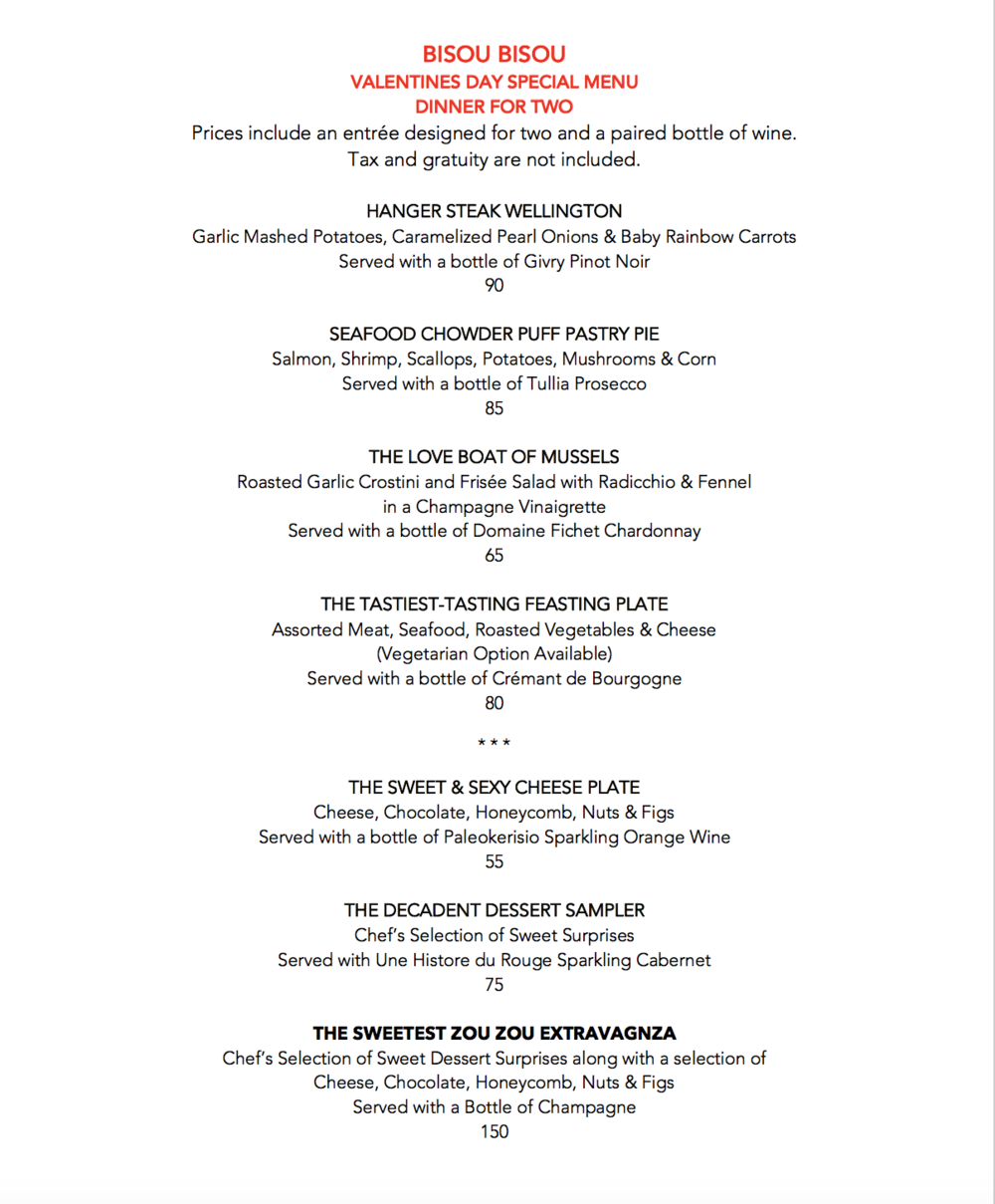 Valentine's Day Menu Bisou Bisou